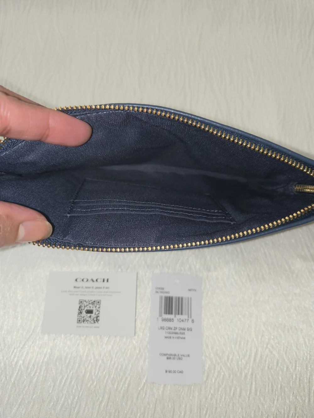 Coach Denim Signature Large  Wristlet in Blue with Tan Strap